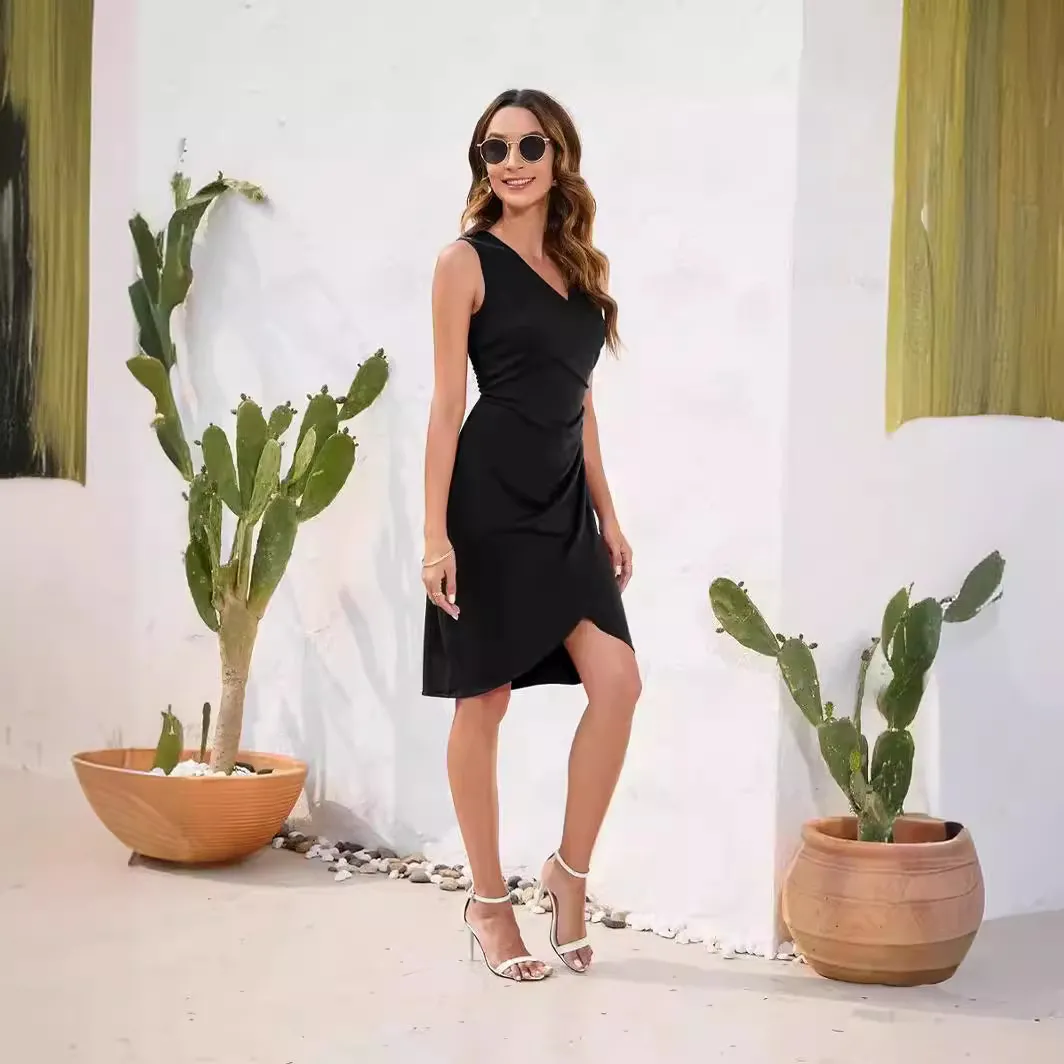 Solid color waist V-neck sleeveless party dress skirt