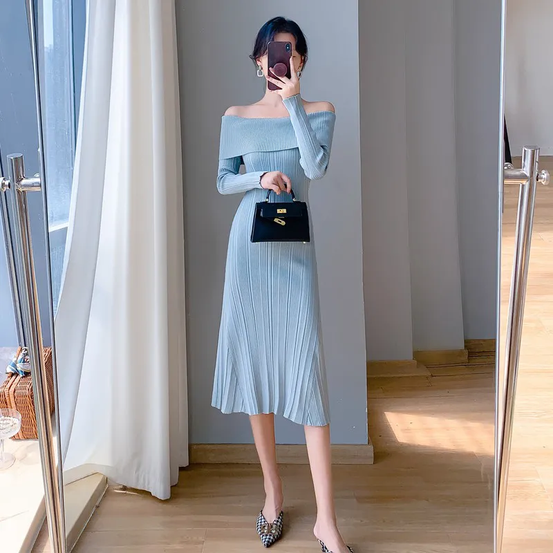 Slim-fit hip-wrapped shoulder-knitted fishtail dress dress