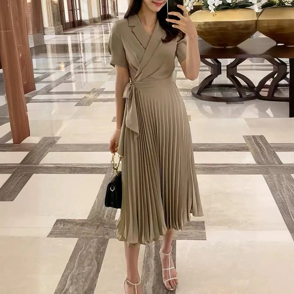 French over-knee bow strap medium and long high-waisted pleated chiffon retro dress