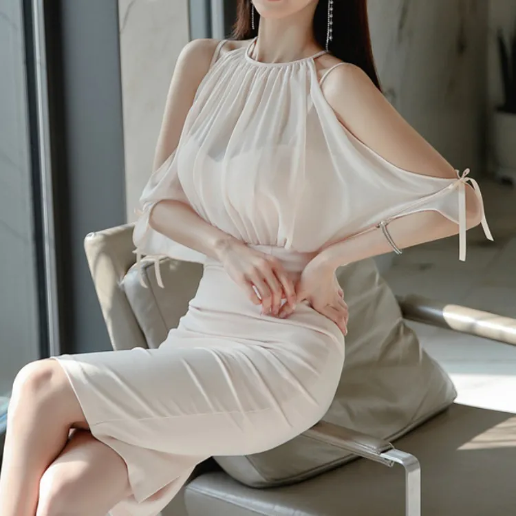 Chiffon splicing fake two-piece set, shoulder-slipping splicing waist and thin hip skirt