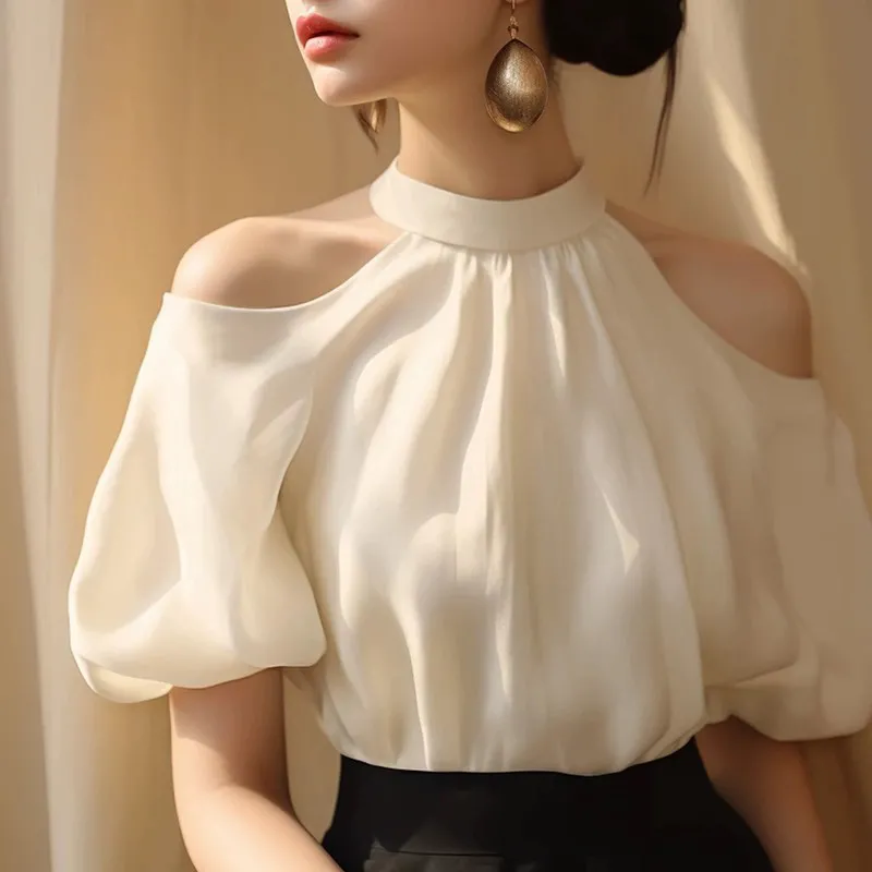 French shirt design one-letter collar top summer shirt