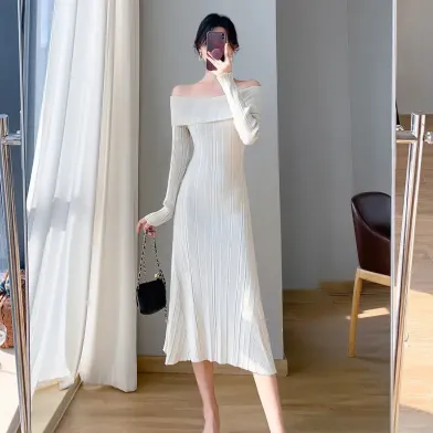 修身包臀一字肩針織魚尾裙連衣裙