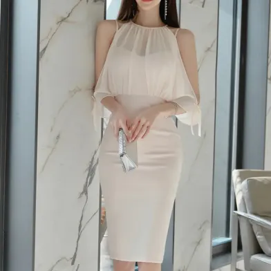 雪紡拼接假兩件套溜肩拼接收腰顯瘦包臀裙